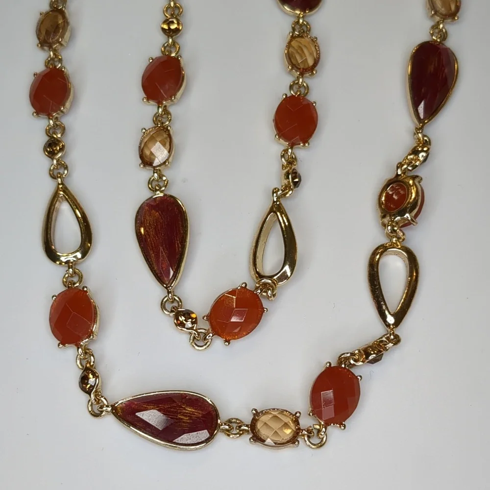 Vintage Anne Klein Amber Sautoir Necklace Extra Long Layered Gold Tone 84